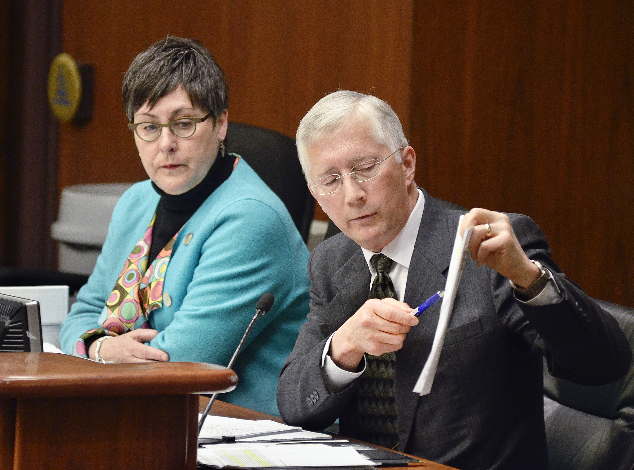 Lessard-Sams Outdoor Heritage Council Executive Director Mark Johnson, right, and Assistant Director Heather Coop present a bill to the House Environment and Natural Resources Policy and Finance Committee Jan. 28 that would appropriate Outdoor Heritage Fund money. Photo by Andrew VonBank